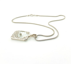 Vintage Camphor Glass Genuine Diamond Pendant Necklace Rhodium Plated Floral
