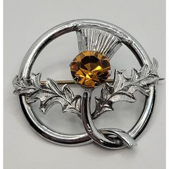 Scottish Thistle Brooch Kilt Shawl Pin Silvertone Orange Rhinestone Vintage