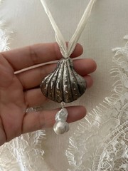 Vintage Fine Sterling Seashell Pendant Baroque Pearl Silk Cord Sea Goth Necklace