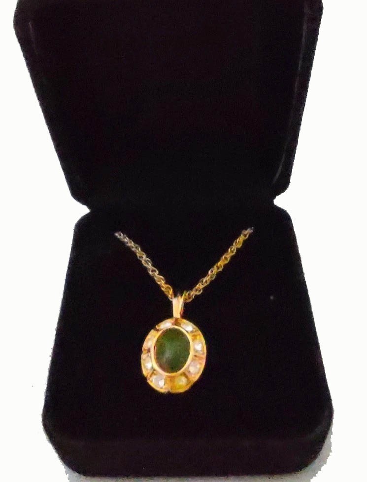 Vintage Faux Jade And Crystal Gold Tone Necklace 18 In. In Black Velvet Gift Box