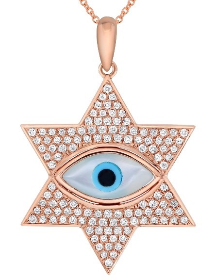 1.03CT DIAMOND AAA MOTHER OF PEARL 14KT ROSE GOLD STAR OF DAVID EVIL EYE PENDANT
