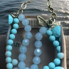 FOSSIL 3 Strand 24” Necklace Rhinestone Turquoise Blue Beads MOP BUTTERFLY & BEE