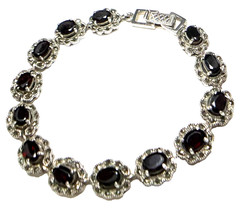 Vintage 925 Garnet & Marcasite Bracelet ~ 5mm x 6.5mm Garnets ~ 8″ long ~ Wt. 23