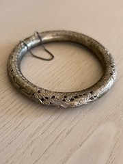 Antique Saigon Argent Dragon Silver Hinged Bangle Bracelet 1920s Art Deco