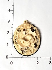 Vintage Floral Carved Celluloid Pendant Beige Wood Base 3D Acrylic Loop