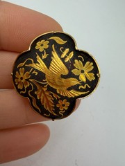 Vintage Brooch Damascene Black Bird Cross Puffy Clover Trombone Clasp