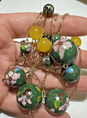 Vintage Green Pink Yellow Cloisonne Enamel Flower Beads Chain Necklace 11h 4.7