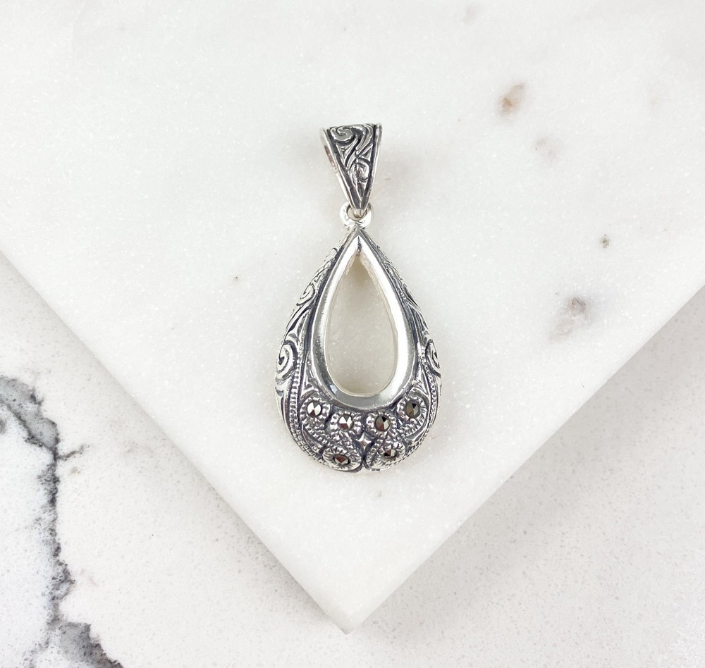Vintage 925 Sterling Silver Deco Marcasite Teardrop Pendant