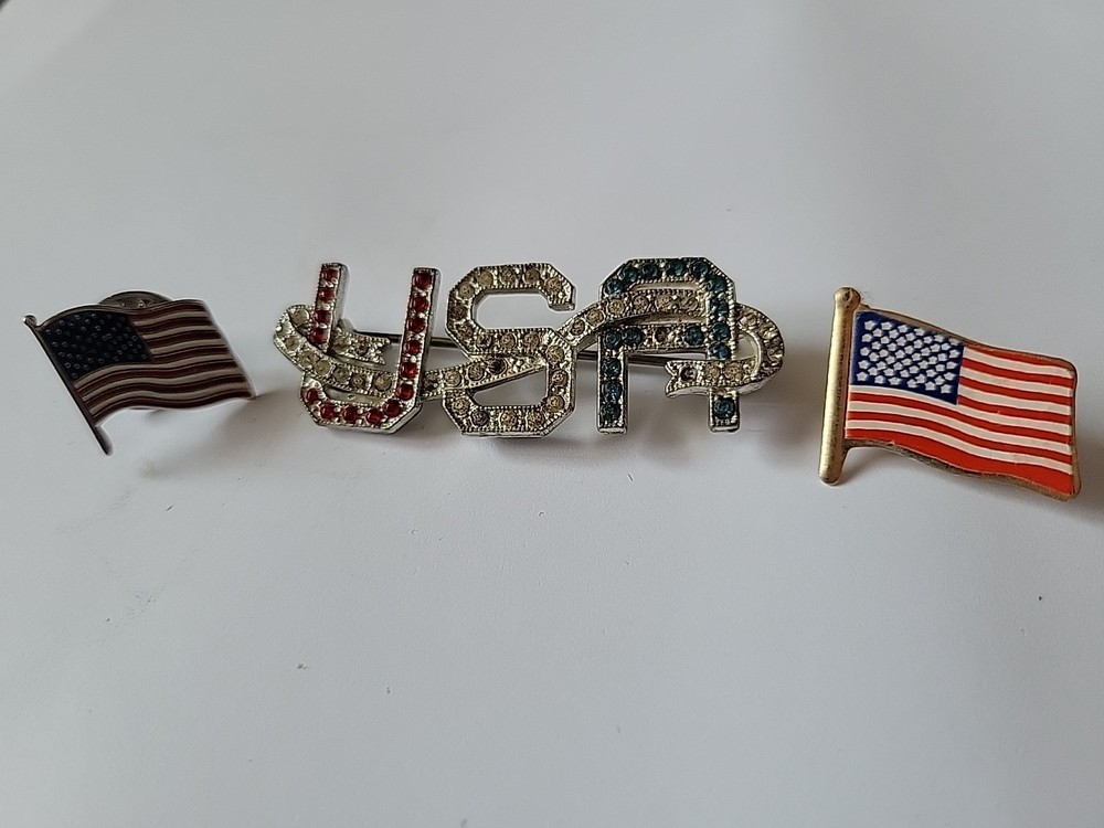250th Ready~Lot Of 3~American Flags Lapel Pins & USA Rhinestone Pin~ Patriotic