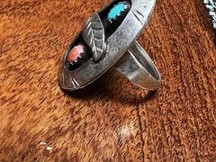 Nice NAVAJO STERLING SILVER TURQUOISE CORAL RING OLD PAWN SIZE 5.5