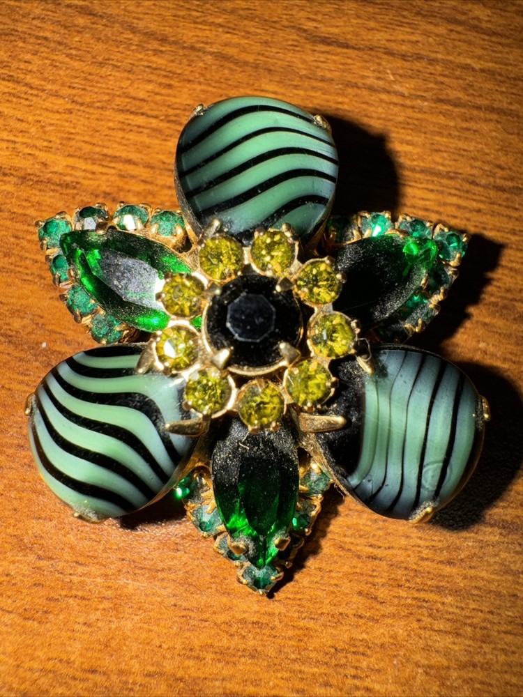 Green Black Stripes Art Glass Brooch PIN Dark Green Rhinestones On Gold Tone
