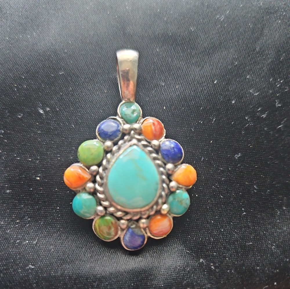 925 Sterling Silver Vintage Pendant Cabochon Gemstone tear drop Cluster signed