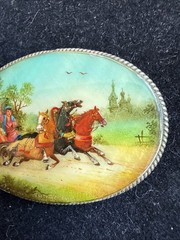 Vintage Russian Silver & Mother of Pearl Sleigh Ride Painted Brooch Pin 2”