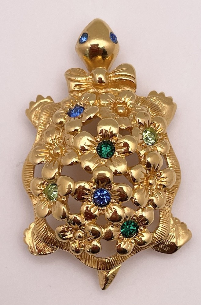 Avon Vintage Gold Tone Turtle Flower Multicolor Rhinestone Brooch