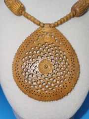 Fine Carved Large Wood Teardrop Pendant on Wood & Metal Bead Necklace