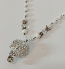 Vintage Milk Glass Acrylic Aurora Borealis Beaded Necklace Unique Pendant *As Is