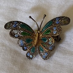 Antique 800 Silver German Ornate Filigree Multi Color Green Enamel Butterfly Pin
