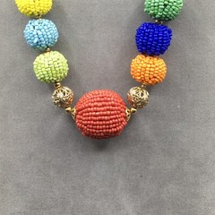 Vintage Graziano Seed Bead Round Ball Chunky Multicolor Boho Statement Necklace