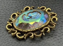 Vintage Huge AB Aurora Borealis Rainbow Glass Cameo Intaglio Brooch Gold Tone