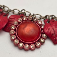Vintage Bakelite Lucite Floral Bib Necklace Red Leaves Rhinestone Cabochon 21 In