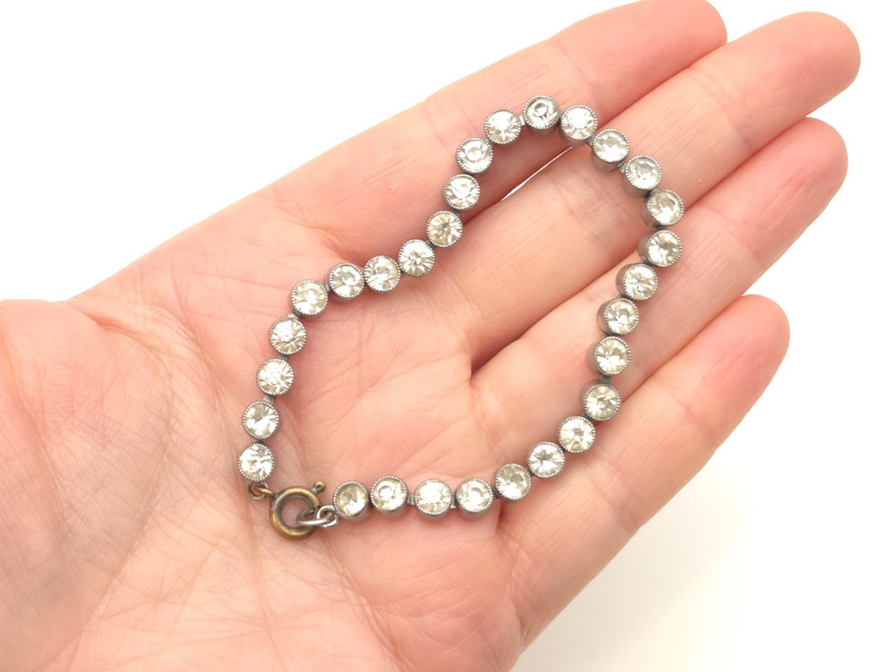 Vintage Art Deco Clear Faceted Czech Czechoslovakia Glass Silver Plate Bracelet