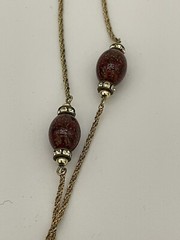 VINTAGE HENKEL GROSSE GERMANY LONG GOLD TONE NECKLACE RED BEAD CRYSTAL 38” 1970’