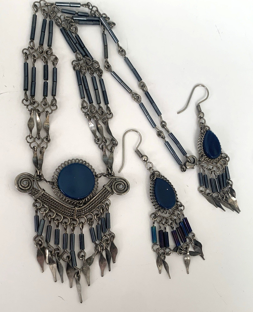 Vintage Peruvian Alpaca Metal Necklace & Pierced Earring Set Dangles Blue Stone