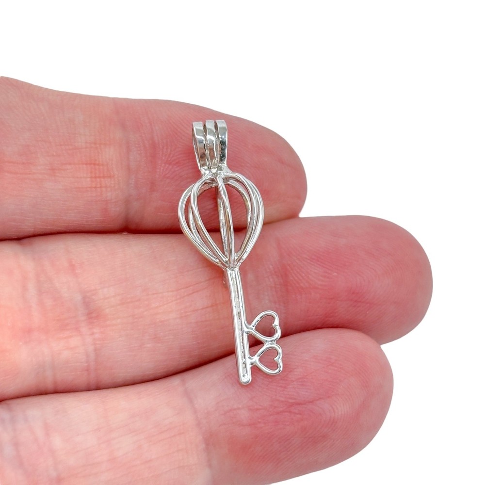 Pearl or Gem Cage Key Pendant | Heart Detail | Sterling Silver 925