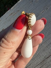 Vintage Signed Miriam Haskell White Glass Dangle Drop Clip Screw Back Earrings