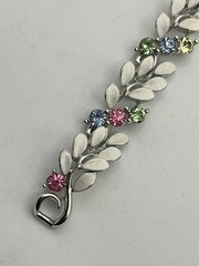Lisner pastel blue pink green rhinestone white enamel flower leaves bracelet