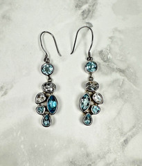 Sterling Silver Aquamarine & White Topaz Cluster Dangle Earrings – 2 1/4″