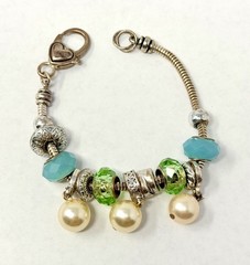 Vintage Charm Bracelet Silver Toned Glass Beads Metal Dangle Charms Blue Green