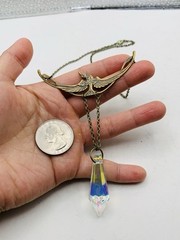 Vintage Style Art Nouveau Oxidized Brass Crane Bird w/ Rainbow Bead Necklace
