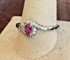 Vintage Oval Ruby & Cubic Zirconia Ring 925 Silver S12 Cocktail Halo Engagement!