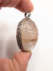 Sterling Silver Rutilated Quartz Carved Scarab Beetle Egyptian Revival Pendant