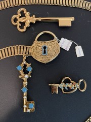 VTG NWT CORO BOOKCHAIN LOCK & KEY BELT + 2 KEY BROOCHES, 1 STERLING BOOK PIECE!