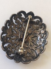 Vintage Jezlaine Sterling Silver Amethyst Filigree Scroll Ornate Brooch Pin
