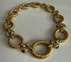 Vintage Givenchy Necklace Oval Link Rhinestone & Color Cabochon Gold Tone READ