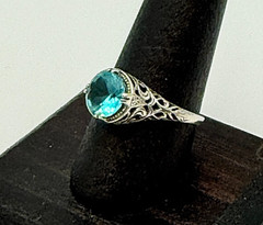 Sterling Silver 925 Art Deco Style Faceted Blue Glass Open Work Ring Size 8.75