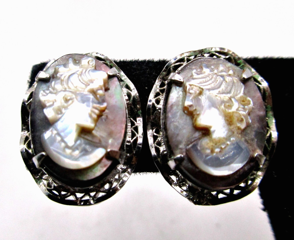 Vintage 1950’s Signed Sorrento AC Sterling Silver Carved Cameo Screw Bk Earrings