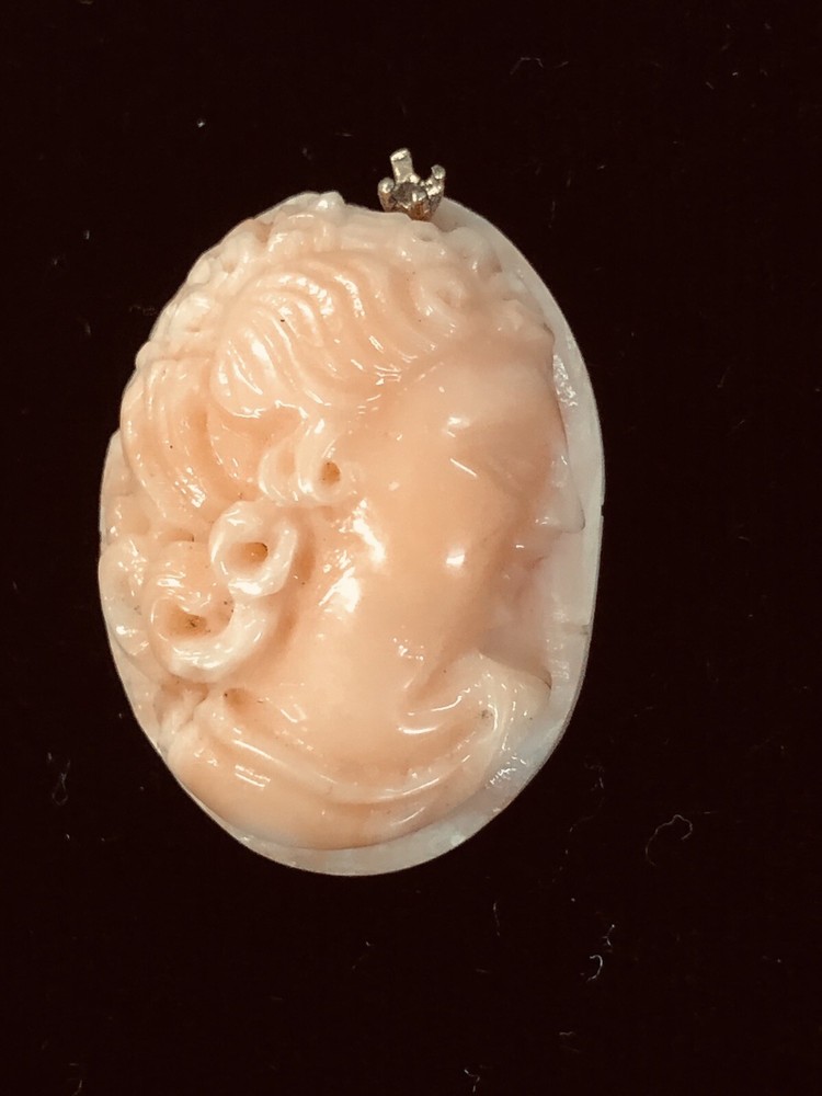 Vintage Japanese Carved Light Pink Salmon Coral Cameo 23mm 23.7ct