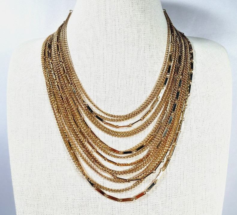 Vintage Multi Strand Necklace Bib Gold Tone Chain Adjustable 17″-20″