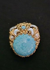 West Germany Faux Turquoise & Pearls Gold Tone with Enameling Brooch & Earrings