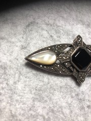 925 Sterling Silver Vintage/Antique Black Onyx ~ Pearl~Marcasite Art Deco Brooch