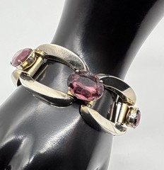 Vintage Modernist-Style Chunky Bracelet Silver-Tone Oval Prong-Set Purple Stones