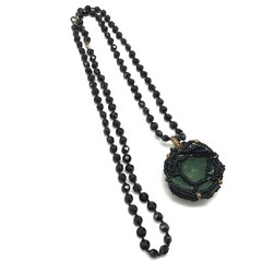 Vintage Jet Black Faceted Glass Strand Pink Clear Rhinestone Pendant Necklace