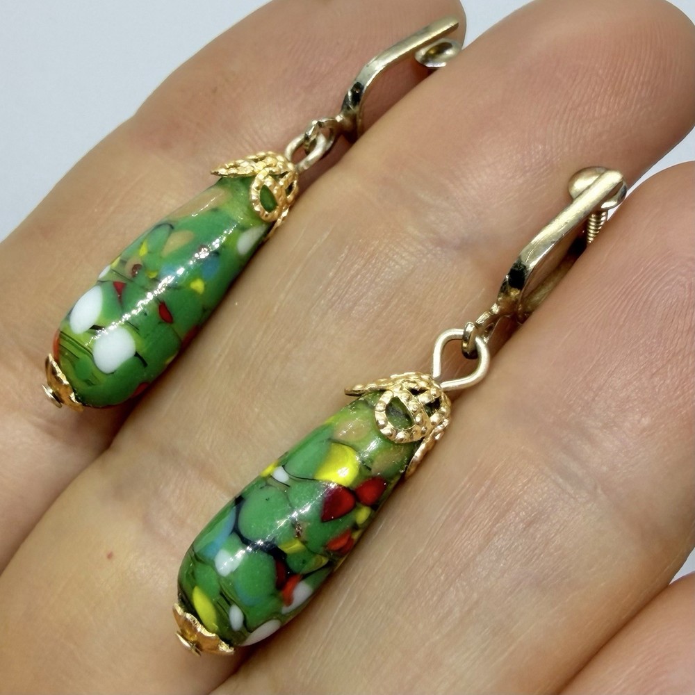 Vtg Japanese Green Millefiori Glass Teardrop Dangle Statement Earrings Screwback