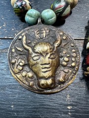 Himalayan Horned Spirit Mask Amulet Necklace, Nepal Tribal Brass Pendant with M