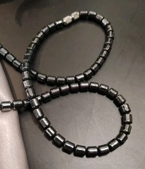 Vtg Carved HEMATITE Stone SUN Face Pendant 16″ Beaded Barrel Clasp Necklace!