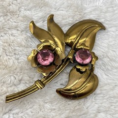 Vintage Flower Brooch Purple Stone Brass Large 3.75″